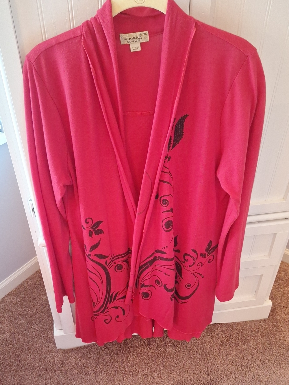ONE WORLD Red Open-Front Cardigan with Black Scroll Design